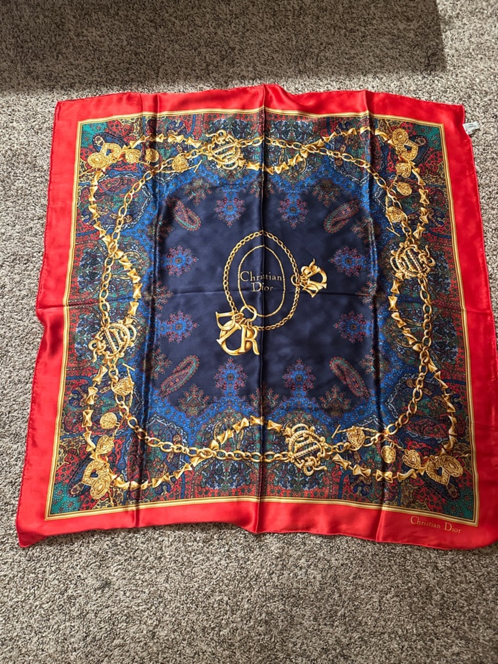 Large Christian Dior Navy, Red & Gold Silk Scarf with Chain Motif